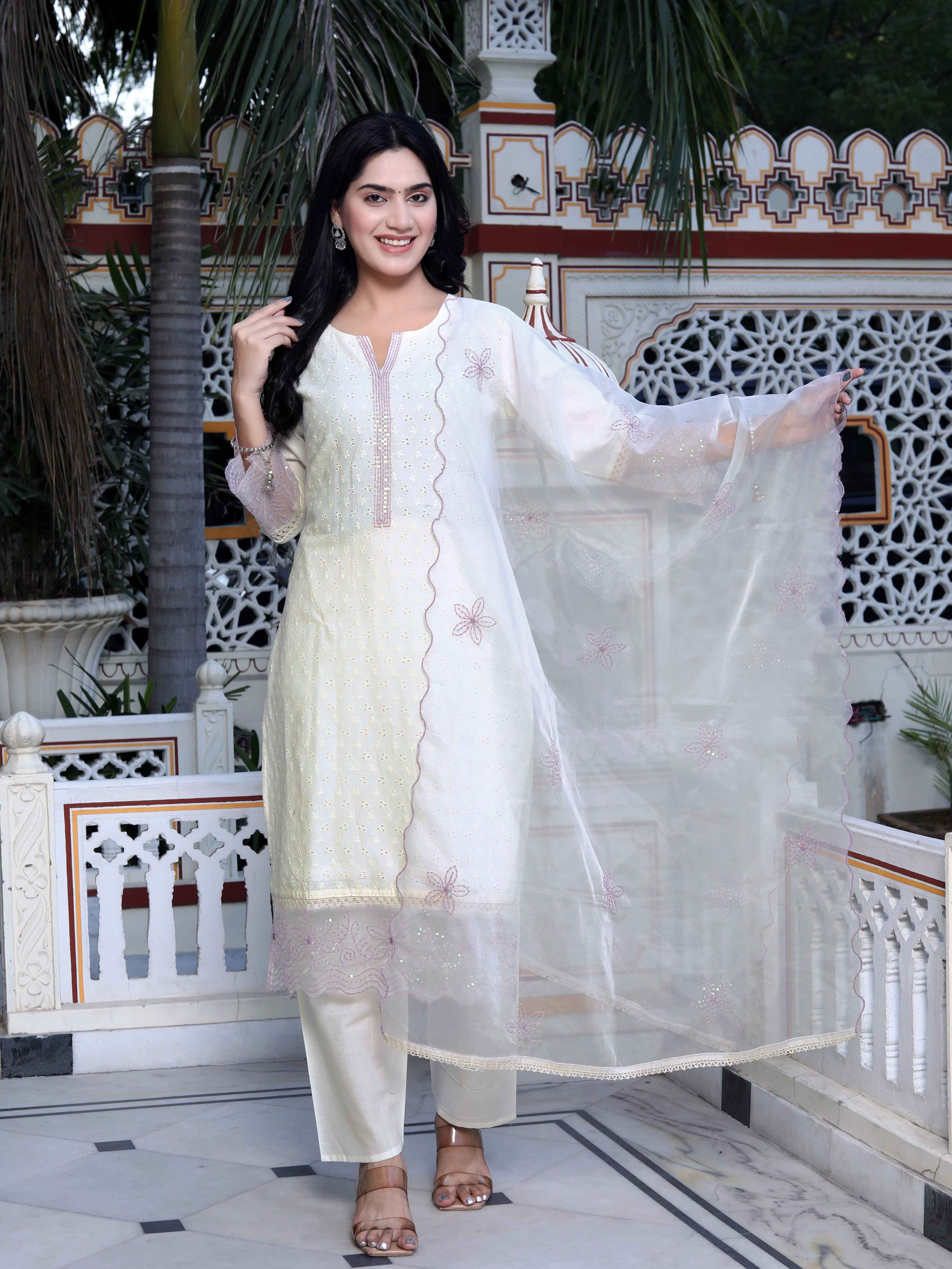 Beige Organza Chikankari Kurta with Purple Sequence Palazzo & Dupatta Set